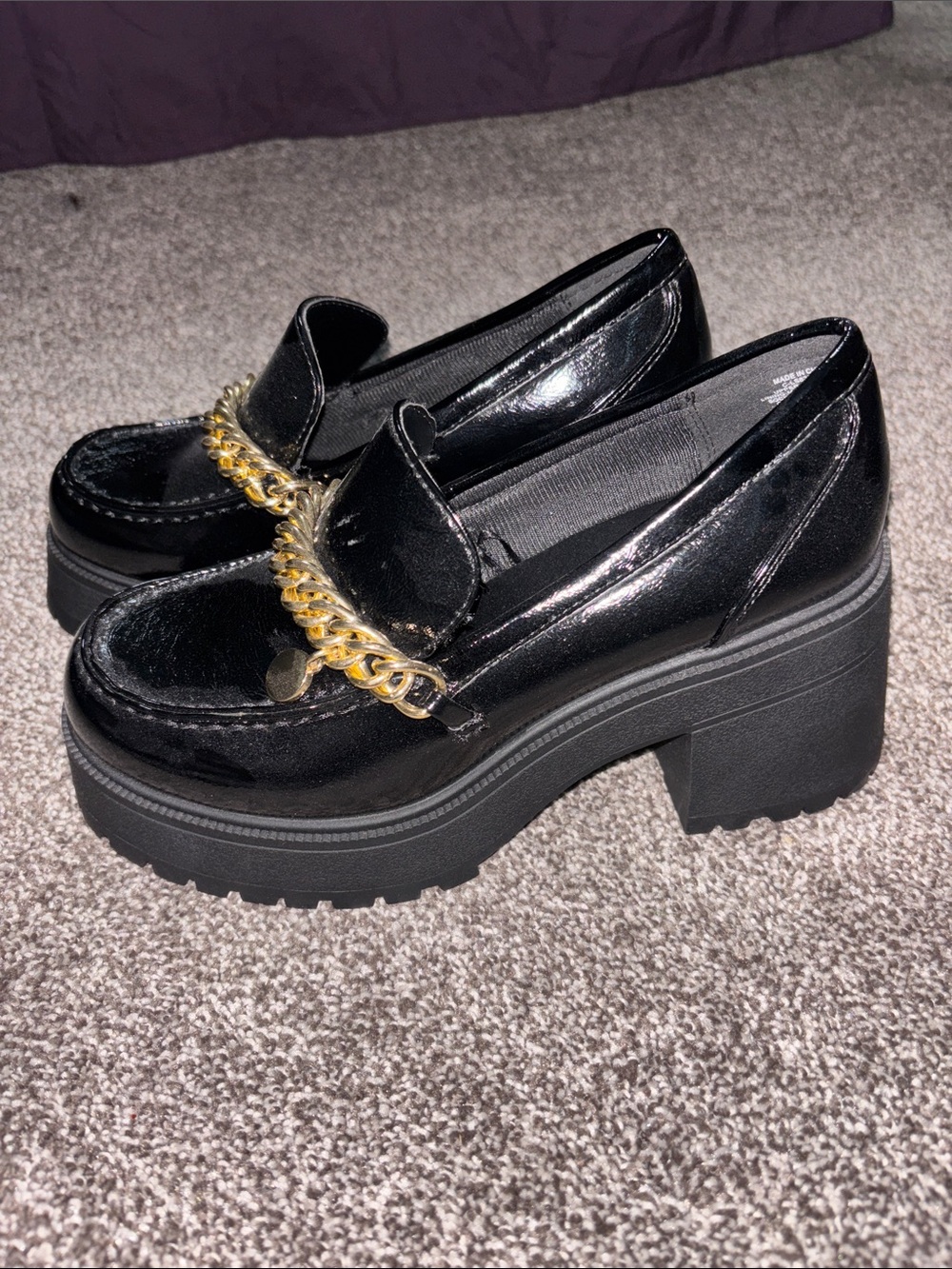 Soda Black Patent Platform Loafers with Gold Chain